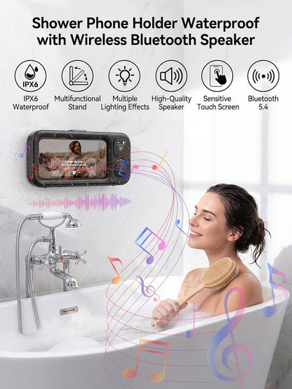 Shower Phone Holder IPX6 Waterproof with Wireless Bluetooth Speaker, 480 Rotation Phone Case Speakers for 4"- 7" Cell Phones, Hands-Free Shower Speaker, Wall Mounted Phoneholder for Mirror (Black)