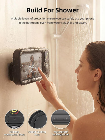 Shower Phone Holder IPX6 Waterproof with Wireless Bluetooth Speaker, 480 Rotation Phone Case Speakers for 4"- 7" Cell Phones, Hands-Free Shower Speaker, Wall Mounted Phoneholder for Mirror (Black)