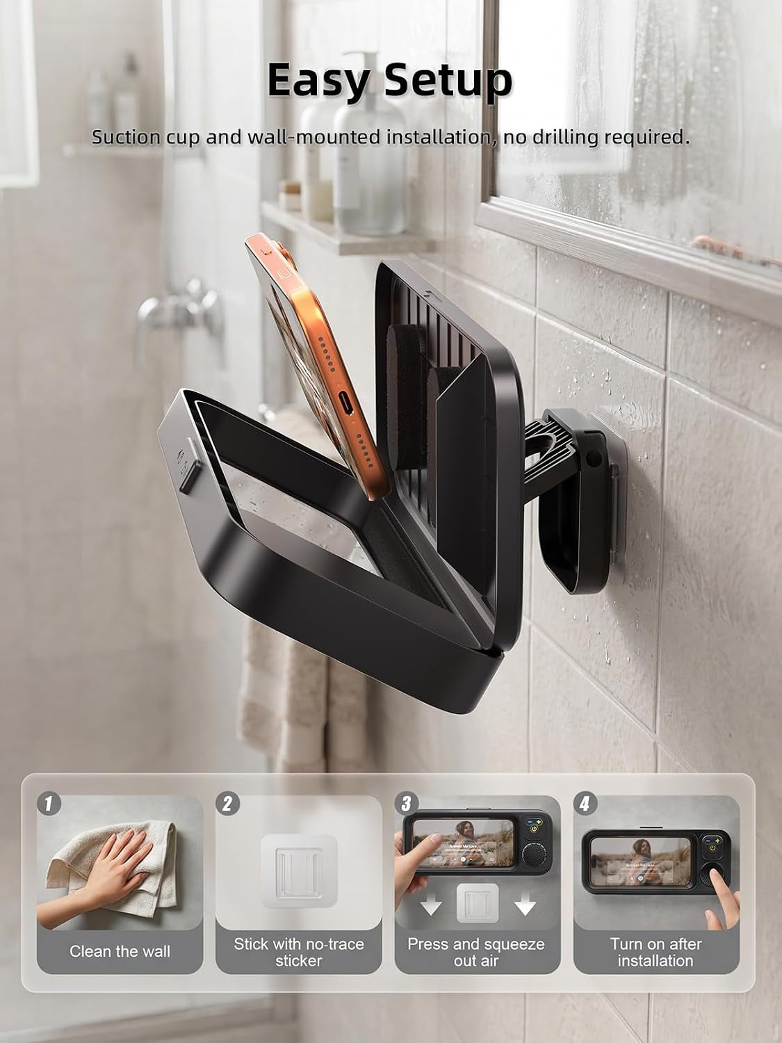 Shower Phone Holder IPX6 Waterproof with Wireless Bluetooth Speaker, 480 Rotation Phone Case Speakers for 4"- 7" Cell Phones, Hands-Free Shower Speaker, Wall Mounted Phoneholder for Mirror (Black)