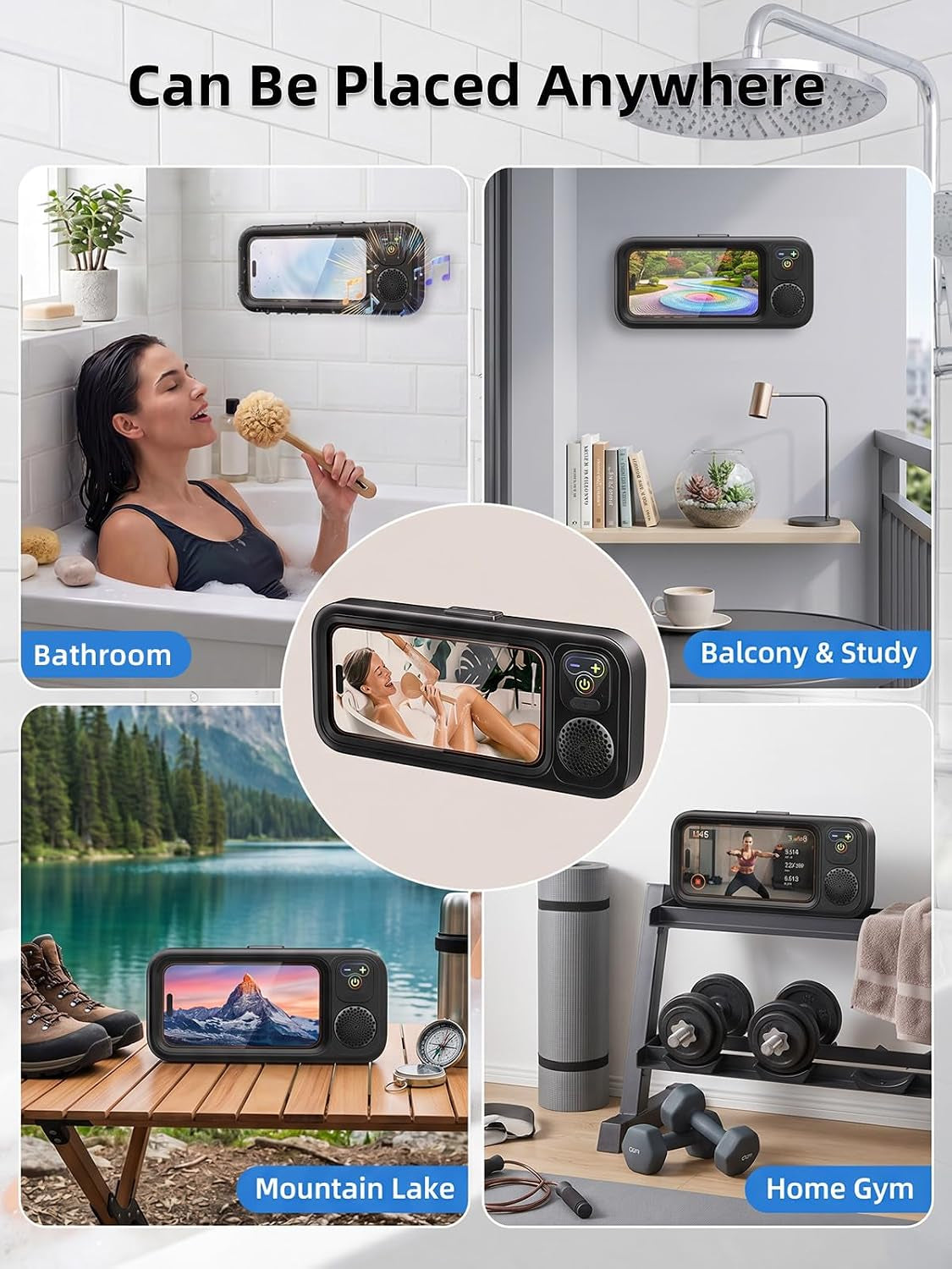 Shower Phone Holder IPX6 Waterproof with Wireless Bluetooth Speaker, 480 Rotation Phone Case Speakers for 4"- 7" Cell Phones, Hands-Free Shower Speaker, Wall Mounted Phoneholder for Mirror (Black)