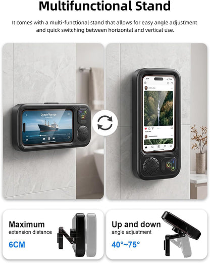 Shower Phone Holder IPX6 Waterproof with Wireless Bluetooth Speaker, 480 Rotation Phone Case Speakers for 4"- 7" Cell Phones, Hands-Free Shower Speaker, Wall Mounted Phoneholder for Mirror (Black)