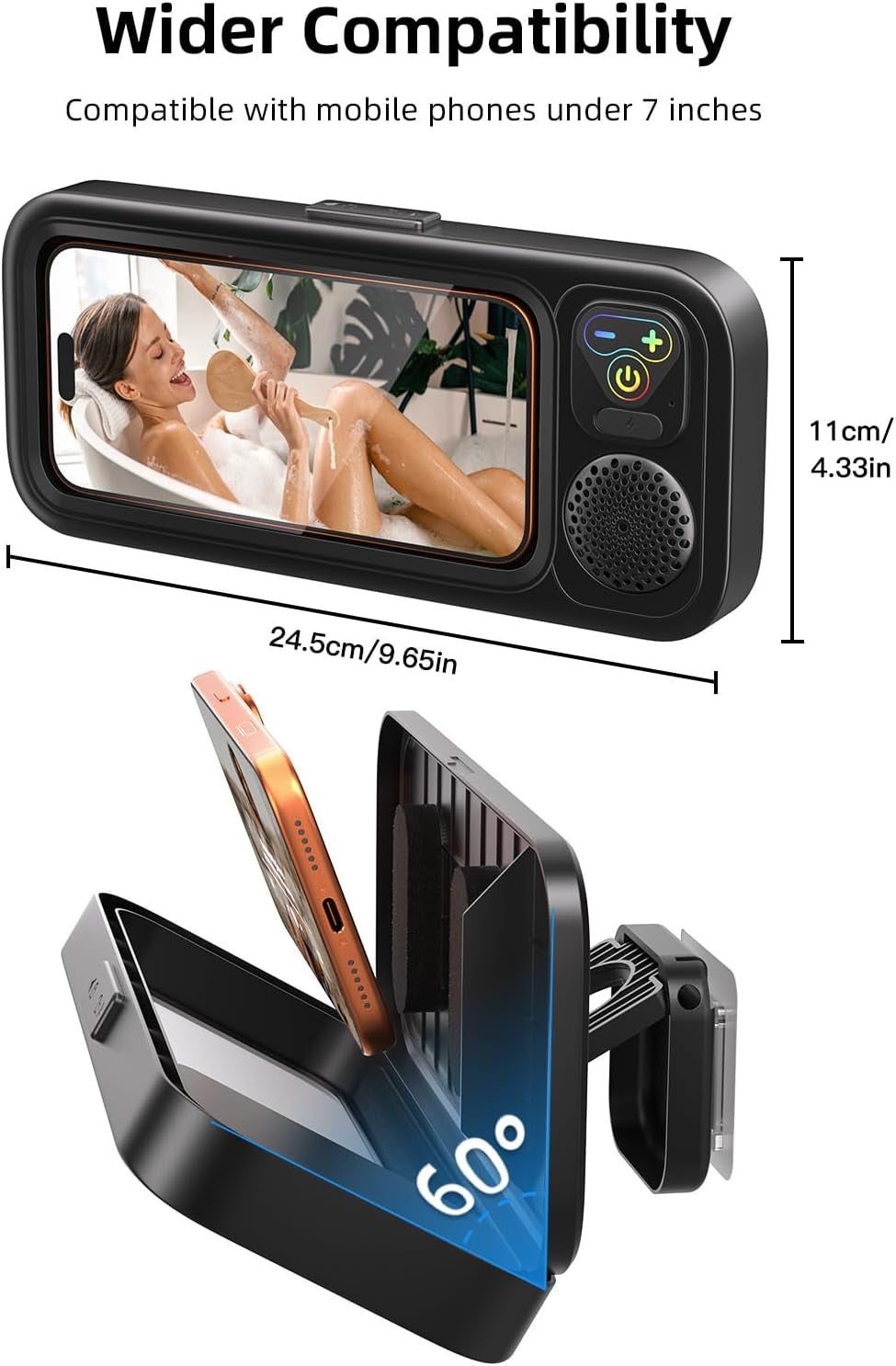 Shower Phone Holder IPX6 Waterproof with Wireless Bluetooth Speaker, 480 Rotation Phone Case Speakers for 4"- 7" Cell Phones, Hands-Free Shower Speaker, Wall Mounted Phoneholder for Mirror (Black)