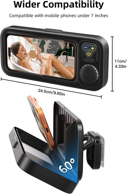 Shower Phone Holder IPX6 Waterproof with Wireless Bluetooth Speaker, 480 Rotation Phone Case Speakers for 4"- 7" Cell Phones, Hands-Free Shower Speaker, Wall Mounted Phoneholder for Mirror (Black)